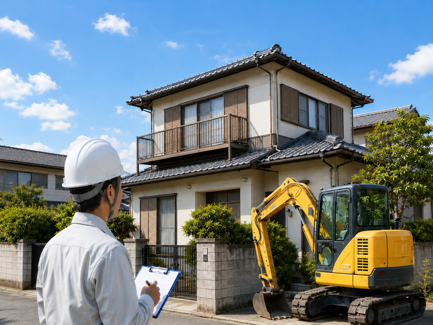 解体現場を確認する作業員と重機・住宅