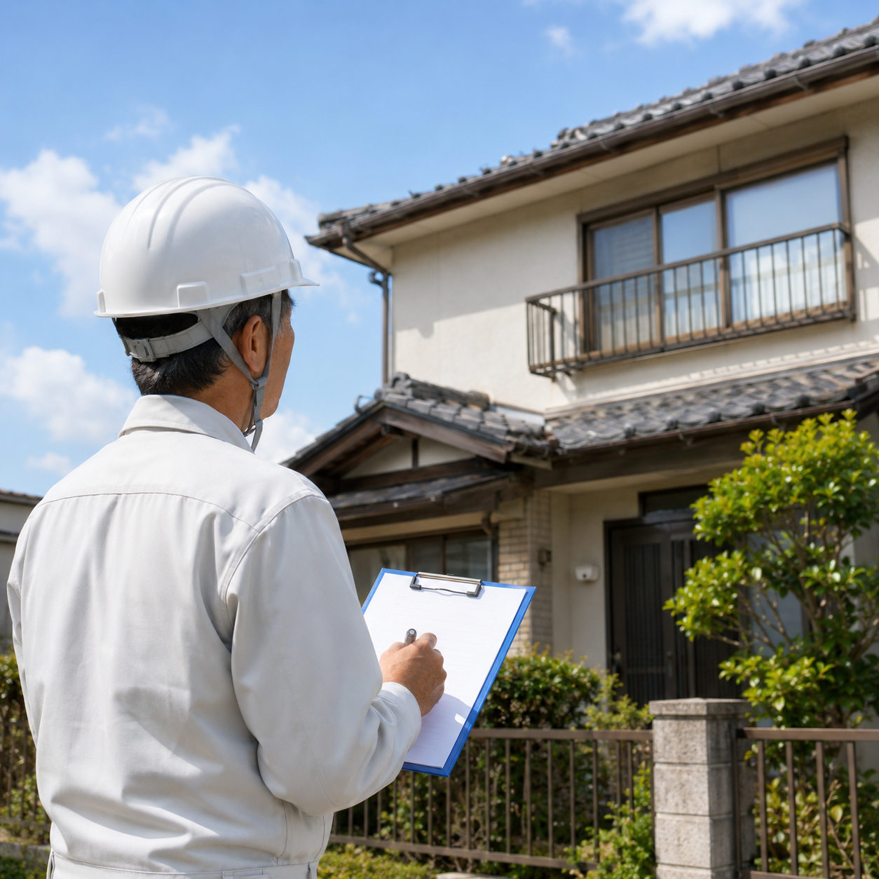 解体現場を確認する作業員と住宅